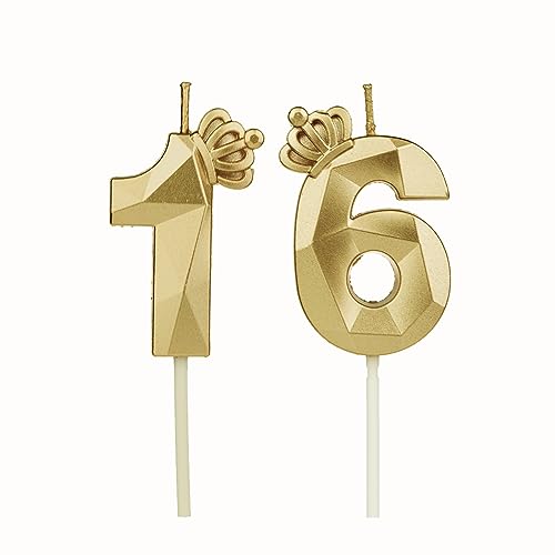 Geburtstagskerzen Zahlen 16 mit Krone，Kerzen Geburtstag für Kuchen geburtstagsdeko, Geburtstag Kerzen Zahlen, Geburtstagskerzen Kinder für Partys, Hochzeiten, Firmenfeiern, Jubiläen (Gold #16) von DTXLX