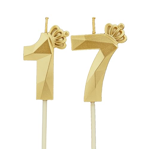 Geburtstagskerzen Zahlen 17 mit Krone，Kerzen Geburtstag für Kuchen geburtstagsdeko, Geburtstag Kerzen Zahlen, Geburtstagskerzen Kinder für Partys, Hochzeiten, Firmenfeiern, Jubiläen (Gold #17) von DTXLX