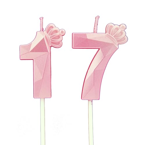 Geburtstagskerzen Zahlen 17 mit Krone，Kerzen Geburtstag für Kuchen geburtstagsdeko, Geburtstag Kerzen Zahlen, Geburtstagskerzen Kinder für Partys, Hochzeiten, Firmenfeiern, Jubiläen (Rosa #17) von DTXLX