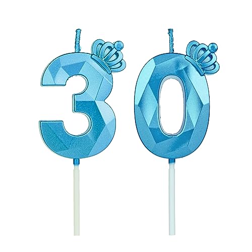 Geburtstagskerzen Zahlen 30 mit Krone，Kerzen Geburtstag für Kuchen geburtstagsdeko, Geburtstag Kerzen Zahlen, Geburtstagskerzen Kinder für Partys, Hochzeiten, Firmenfeiern, Jubiläen (Blau #30) von DTXLX