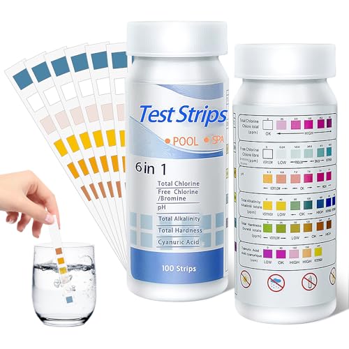 100 Stück Pool Teststreifen, Wasserteststreifen, Spa Teststreifen Set, 6 in 1 Pool Tester für Schwimmbäder, SPA, für Gesamthärte, Brom, Chlor, pH-Wert, Gesamtalkalität und Cyanursäure von DTXYBC