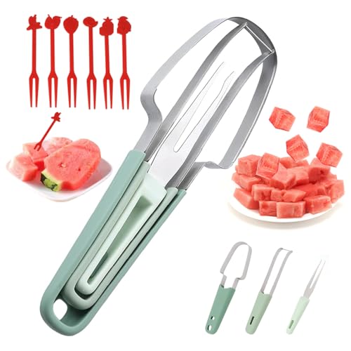 3 In 1 Wassermelonen Schneider, Obstschneider aus Edelstahl mit Obstgabeln, Melonenschneider Multifunktion, Sommer Wassermelonen Messer, Fruchtschneider, für eine Vielzahl von Früchten von DTXYBC