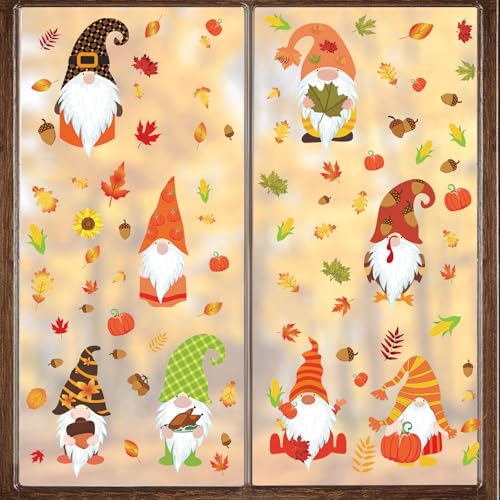 Thanksgiving Herbstdeko Fenster Aufkleber, 8 Stück Erntedankfest Fensterbilder Herbst Selbstklebend, Ahornblatt Gnome Kürbis Erntedankfest Fensteraufkleber, für Kinderzimmer Cafe von DTXYBC
