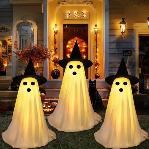 DTYDECLE 3 Stück Halloween Deko Outdoor Geist, 50cm leuchtende Stehender Geister mit Hexenhut für Halloween Party Garten Spukhäuse Deko DTYDECLE 3 Stück Halloween Deko Outdoor Geist, 50cm leuchtende Stehender Geister mit Hexenhut für Halloween Party Garten Spukhäuse Deko von DTYDECLE