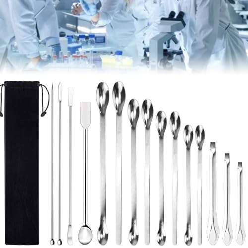 DTYGUIXE 15 Stück Labor Spatel Edelstahl Lab Löffel Mikro Spatel Micro Scoop Set 2-in-1 Laborlöffel Lab Mischen Spatel Experimentierlöffel mit Tasche für Mikromedikamente, Reagenzien, Polymerton von DTYGUIXE