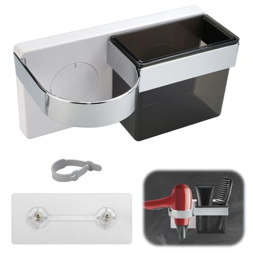 DTYGUIXE Föhnhalter, Selbstklebend Haartrocknerhalter, 20 * 10 * 10,6cm Haartrockner Halterung ohne Bohren, Wandmontage Haartrockner, Lagerung Föhn Halterung mit Aufbewahrungsbox für Badezimmer von DTYGUIXE