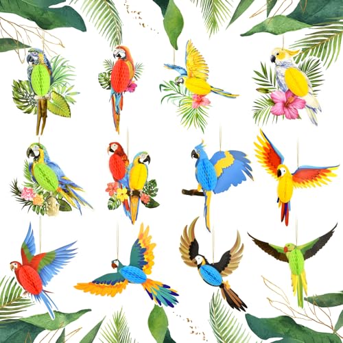 DTYGUIXE Papageien Hängende Dekorationen, 12 Stück Papier Vogeldekoration Tropischer Vögel Hängende Dekorationen Buntes Party Vogeldekoration Hawaii Tukane Papagei Sommerparty Deko für Outdoor Garten von DTYGUIXE