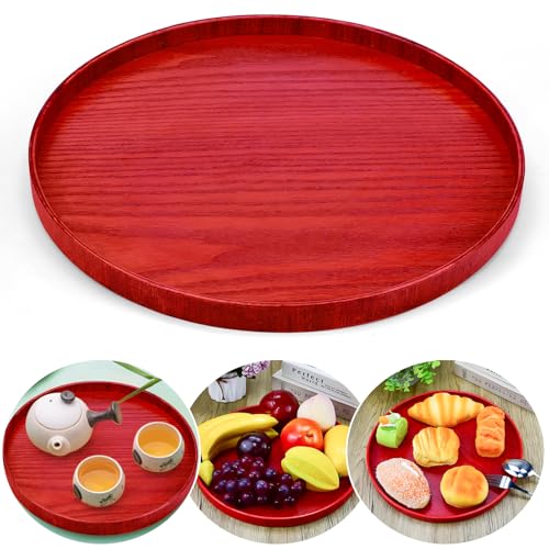 DTYGUIXE Rund Tablett 30CM Holz Dekotablett Serviertablett Deko Bambustablett Rund Serviertablett Esstablett Holztablett für Getränke, Kaffee, Fernbedienungen, Schlüsseln, Schmuck, Kosmetika (Rot) von DTYGUIXE