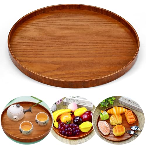 DTYGUIXE Rund Tablett 30CM Holz Dekotablett Serviertablett Deko Bambustablett Rund Serviertablett Esstablett Holztablett für Getränke, Kaffee, Fernbedienungen, Schlüsseln, Schmuck, Kosmetika (Braun) von DTYGUIXE