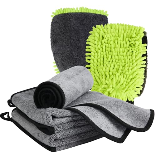 DU Life 5er Autopflege Set mit 3 Stück Mikrofasertücher Auto und 2er Mikrofaser Waschhandschuh, 600 GSM 40x60cm Trockentuch zum Kratzfreien Trocknen & Auto Polieren, Extra Saugstark von DU Life