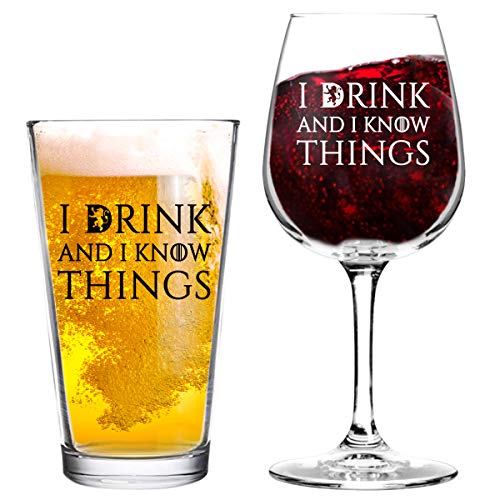 Bier- und Weinglas-Set mit Aufschrift "I Drink And I Know Things", coole Geschenkidee für Brautparty, Hochzeit, Verlobung, Jahrestag und Paare – Ihn, Sie, Mr. Mrs. Mama Papa von DU VINO