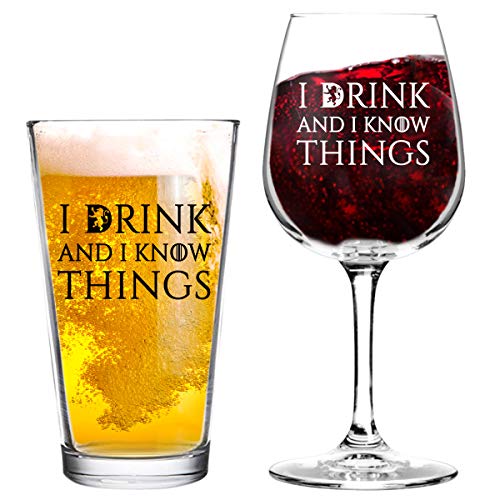 Bier- und Weinglas-Set mit Aufschrift "I Drink And I Know Things", coole Geschenkidee für Brautparty, Hochzeit, Verlobung, Jahrestag und Paare – Ihn, Sie, Mr. Mrs. Mama Papa Bier- und Weinglas-Set mit Aufschrift "I Drink And I Know Things", coole Geschenkidee für Brautparty, Hochzeit, Verlobung, Jahrestag und Paare – Ihn, Sie, Mr. Mrs. Mama Papa von DU VINO