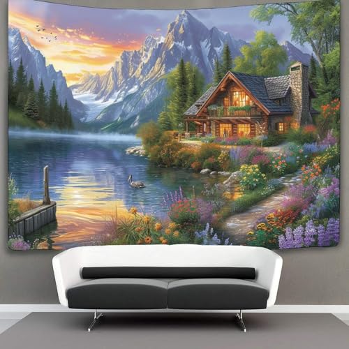 DUABELPHF 3D Druck Mountain Cottage Wandteppiche Poster Ornament Wandbehang Wandteppich Wanddeko Wandbehang Für Schlafzimmer, Wohnzimmer, Wohnheim,Tapisserie 180cmx230cm von DUABELPHF