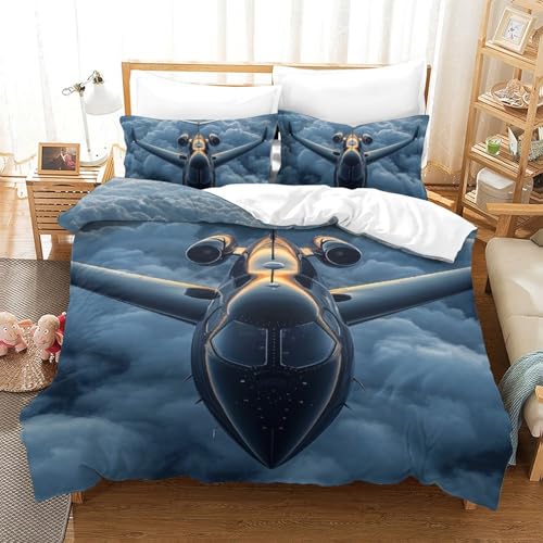 DUABELPHF Flugzeug 3D Gedruckt Bettwäsche 3 Teilig Ettbezüge Mit Kissenbezügen Soft Microfaser Luxus Modern Mit Reißverschluss Für Erwachsene Und Kinder Single（140x200cm） von DUABELPHF