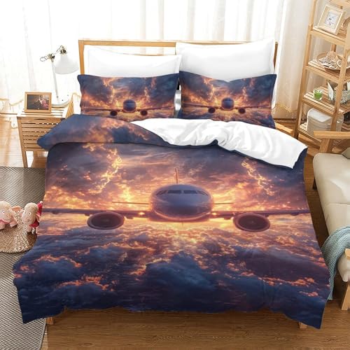 DUABELPHF Flugzeug 3D Gedruckt Bettwäsche-Set 3 Teilig Bettbezug Mit Kissenbezügen Soft Microfaser Luxus Modern Mit Reißverschluss Für Erwachsene Und Kinder Single（140x200cm） von DUABELPHF