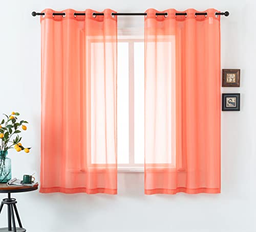 DUALIFE Durchscheinende Vorhänge in Korallenrot, 137.2 cm, extra Länge für Küche, Mädchen, Zimmer-Optik, halbsolider Voile, durchsichtig, 2er-Set Paneele mit Ösen, 132 x 137 cm von DUALIFE