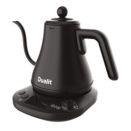 Dualit Wasserkocher Schwanenhals Schnellkochender Electric Kettle (800ml) - Schwarz Matt - Gooseneck Kettle Tropft Nicht - Digitale Display Anzeige - Hocheffiziente Energiesparende Wasserkanne von DUALIT