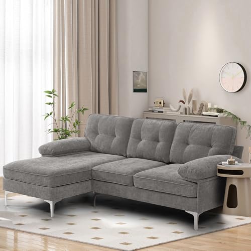 DUANDUAN Ecksofa 3-Sitzer Sofas 210cm breit Polsterecke mit Federkern Kissen und Rückenlehnen abnehmbar und waschbar - Chaiselongue beidseitig montierbar Couch L-Form fürs Wohnzimmer (Grau) von DUANDUAN
