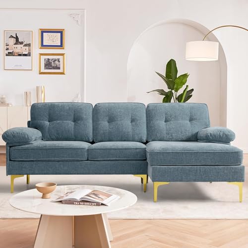 DUANDUAN Ecksofa 3-Sitzer Sofas 210cm breit Polsterecke mit Federkern Kissen und Rückenlehnen abnehmbar und waschbar - Chaiselongue beidseitig montierbar Couch L-Form fürs Wohnzimmer (Hellblau) von DUANDUAN