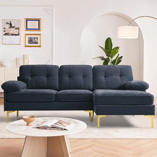 DUANDUAN Ecksofa 3-Sitzer Sofas 210cm breit Polsterecke mit Federkern Kissen und Rückenlehnen abnehmbar und waschbar - Chaiselongue beidseitig montierbar Couch L-Form fürs Wohnzimmer (Marineblau) von DUANDUAN