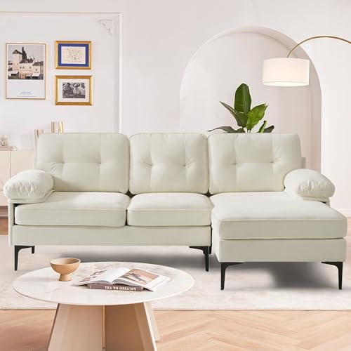 DUANDUAN Ecksofa 3-Sitzer Sofas 210cm breit Polsterecke mit Federkern Kissen und Rückenlehnen abnehmbar und waschbar - Chaiselongue beidseitig montierbar Couch L-Form fürs Wohnzimmer (Weiß) von DUANDUAN