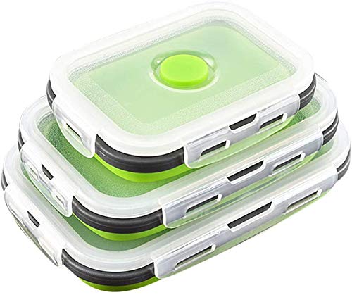 DUBENS 3 Stück Faltbare Silikon Mittagessen Bento Box, Tragbare Lebensmittel Lagerung Container Picknick Im Freien Box Platzsparende, Mikrowelle, spülmaschine und Gefrierschrank (Grün) von DUBENS