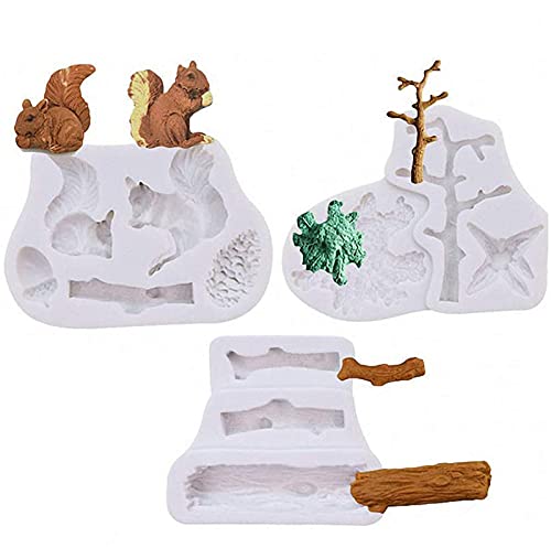 DUBENS 3er Set Wald Tier Silikon Fondant Formen Eichhörnchen Schokolade Candy Mould Holzfäller Woodland Stump Kiefer Kegel Holz Baumstamm Polymer Clay Formen von DUBENS