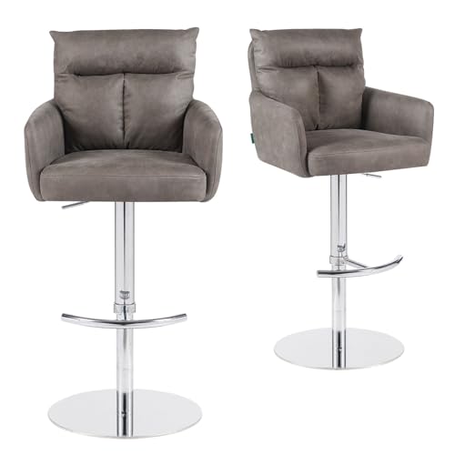 DUBI Möbel® Barhocker Leo – höhenverstellbar, Chrom-Tellerfuß mit Fußstütze, gepolsterte Sitzschale mit Armlehnen & Rückenlehne – Bezug in Lederoptik Taupe (Braun-Grau) von DUBI Möbel