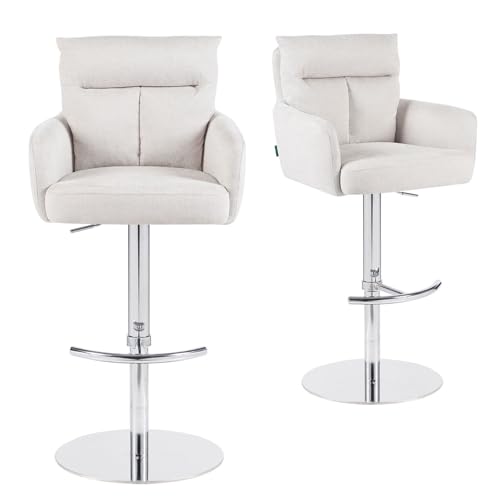 DUBI Möbel® Barhocker Leo – höhenverstellbar, Chrom-Tellerfuß mit Fußstütze, gepolsterte Sitzschale mit Armlehnen & Rückenlehne – Bezug in Webstoff Creme von DUBI Möbel