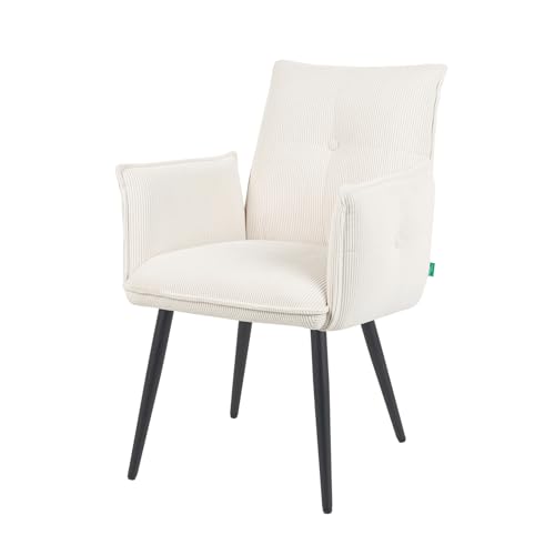 DUBI Möbel® Esszimmerstuhl Mika-Ayla – Polsterstuhl mit Armlehnen, Mini Cord Bezug in Creme Weiß, 4 Metallbeine pulverbeschichtet (Matt-Schwarz), Bequeme Sitzschale, für Esszimmer oder Gastronomie von DUBI Möbel