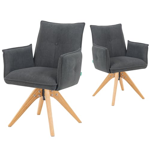 DUBI Möbel Esszimmerstühle 2er Set 360° drehbar mit Taschenfederkern, hoher Sitzkomfort, bis 150 kg belastbar, abriebfester Stoff Anthrazit, Eiche Massivholzgestell geölt (Natur), Mika-Emil von DUBI Möbel