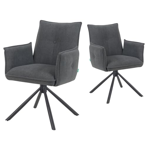DUBI Möbel Esszimmerstühle 2er Set 360° drehbar mit Taschenfederkern, hoher Sitzkomfort, bis 150 kg belastbar, Feincord Anthrazit, Robustes Metall-Kreuzgestell, modernes Design, Modell Mika-Nevio von DUBI Möbel