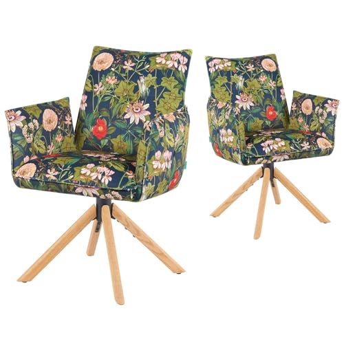 DUBI Möbel Esszimmerstühle 2er Set 360° drehbar mit Rückstellfunktion, Taschenfederkern, hoher Sitzkomfort, bis 150 kg belastbar, Stoff Blumen, Eiche Massivholzgestell geölt (Natur), Mika-Paul von DUBI Möbel