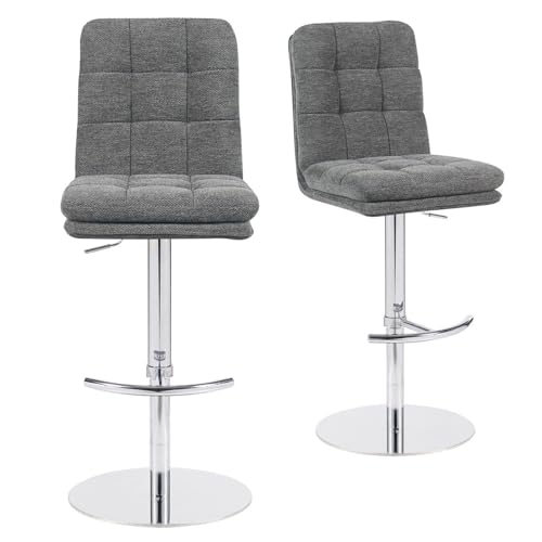 DUBI Möbel® Juno Barhocker – Premium-Komfort mit Doppelpolster & hoher, gesteppter Rückenlehne – stufenlos höhenverstellbar – Stabiler Chrom-Tellerfuß mit Fußstütze – Webstoff Grau von DUBI Möbel