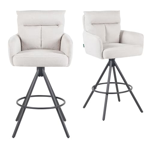DUBI Möbel® LIO Premium-Barhocker – Lounge-Sitzschale mit Armlehnen & hoher Rückenlehne – Stabiler 4-Fuß-Stahlrahmen (schwarz matt) mit Fußring – für Kücheninsel & Theke – Webstoff Creme von DUBI Möbel