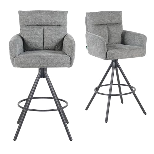 DUBI Möbel 2er Set Barhocker 360° drehbar, Barstuhl mit Rückenlehne & Armlehnen, ergonomisch gepolstert, stabiles 4-Fuß Metallgestell in Schwarz, Stoff Grau, modernes Design, Modell Lio von DUBI Möbel