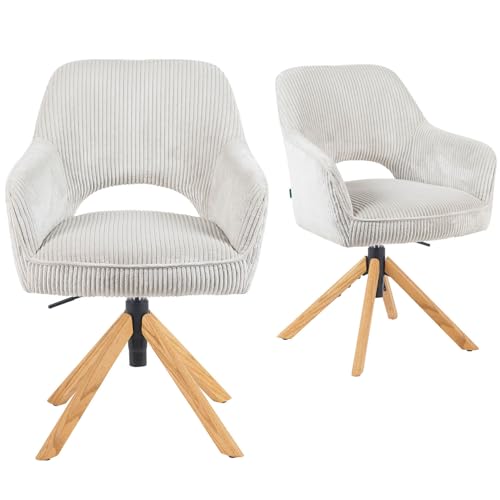 DUBI Möbel 2er Set Esszimmerstühle höhenverstellbar, Bürostühle & Konferenzstühle, 360° drehbar mit Taschenfederkern, ergonomisch gepolstert, Eichegestell, Cord-Stoff Beige, Modell Mika-Amia von DUBI Möbel