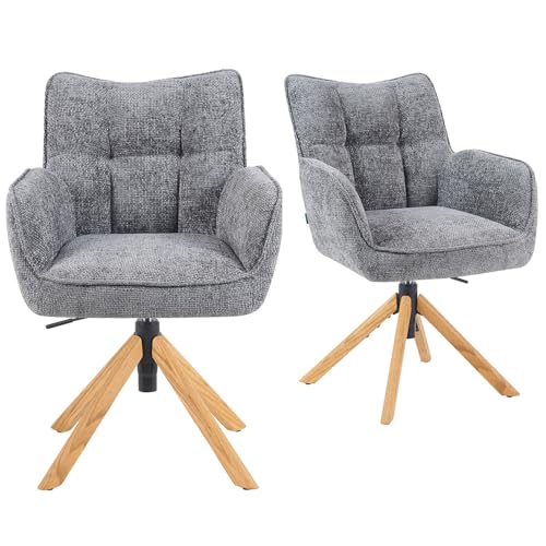 DUBI Möbel 2er Set Esszimmerstühle höhenverstellbar, Bürostühle & Konferenzstühle, 360° drehbar mit Taschenfederkern, ergonomisch gepolstert, Eichegestell, Stoff Grau, Modell Mika-Keno von DUBI Möbel