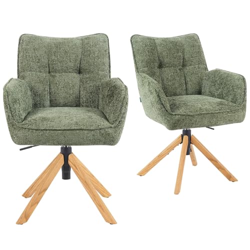 DUBI Möbel 2er Set Esszimmerstühle höhenverstellbar, Bürostühle & Konferenzstühle, 360° drehbar mit Taschenfederkern, ergonomisch gepolstert, Eichegestell, Stoff Grün, Modell Mika-Keno von DUBI Möbel