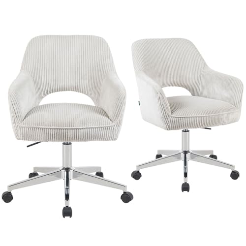 DUBI Möbel Bürostühle 2er Set, höhenverstellbar & 360° drehbar, ergonomisch gepolstert mit Taschenfederkern, Drehstuhl mit Armlehnen, Chromgestell mit Rollen, Cord-Stoff Beige, Modell Mika-Faro von DUBI Möbel