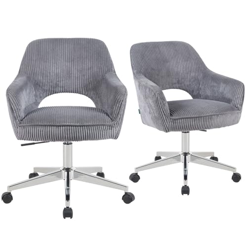 DUBI Möbel Bürostühle 2er Set, höhenverstellbar & 360° drehbar, ergonomisch gepolstert mit Taschenfederkern, Drehstuhl mit Armlehnen, Chromgestell mit Rollen, Cord-Stoff Grau, Modell Mika-Faro von DUBI Möbel