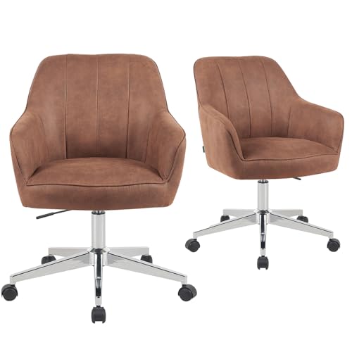 DUBI Möbel Bürostühle 2er Set, höhenverstellbar & 360° drehbar, ergonomisch gepolstert mit Taschenfederkern, Drehstuhl mit Armlehnen, Chromgestell mit Rollen, Lederoptik Braun, Modell Mika-Lian von DUBI Möbel