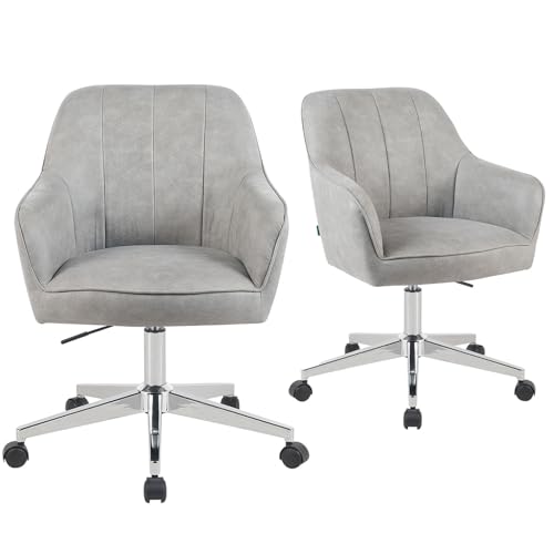 DUBI Möbel Bürostühle 2er Set, höhenverstellbar & 360° drehbar, ergonomisch gepolstert mit Taschenfederkern, Drehstuhl mit Armlehnen, Chromgestell mit Rollen, Lederoptik Hellgrau, Modell Mika-Lian von DUBI Möbel