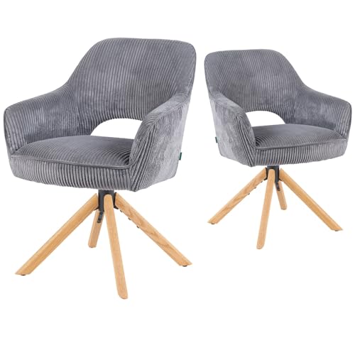 DUBI Möbel Esszimmerstühle 2er Set 360° drehbar mit Rückstellfunktion, Taschenfederkern, hoher Sitzkomfort, bis 150 kg belastbar, Stoff Grau, Eiche Massivholzgestell geölt (Natur), Mika-Lara von DUBI Möbel