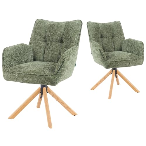 DUBI Möbel Esszimmerstühle 2er Set 360° drehbar mit Rückstellfunktion, Taschenfederkern, hoher Sitzkomfort, bis 150 kg belastbar, Stoff Grün, Eiche Massivholzgestell geölt (Natur), Mika-Ida von DUBI Möbel