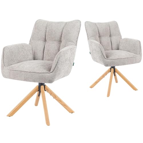 DUBI Möbel Esszimmerstühle 2er Set 360° drehbar mit Rückstellfunktion, Taschenfederkern, hoher Sitzkomfort, bis 150 kg belastbar, Stoff Hellgrau, Eiche Massivholzgestell geölt (Natur), Mika-Ida von DUBI Möbel