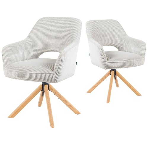 DUBI Möbel Esszimmerstühle 2er Set 360° drehbar mit Rückstellfunktion, Taschenfederkern, hoher Sitzkomfort, bis 150 kg belastbar, Stoff Hellgrau, Eiche Massivholzgestell geölt (Natur), Mika-Lara von DUBI Möbel