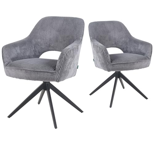 DUBI Möbel Esszimmerstühle 2er Set 360° drehbar mit Taschenfederkern, hoher Sitzkomfort, bis 150 kg belastbar, Cord-Stoff Grau, Robustes Metall-Kreuzgestell, Zeitloses Design, Modell Mika-Nils von DUBI Möbel