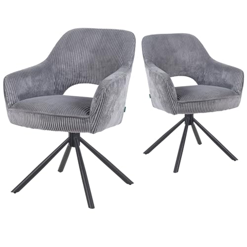 DUBI Möbel Esszimmerstühle 2er Set 360° drehbar mit Taschenfederkern, hoher Sitzkomfort, bis 150 kg belastbar, Cord-Stoff Grau, Robustes Metall-Kreuzgestell, modernes Design, Modell Mika-Ben von DUBI Möbel