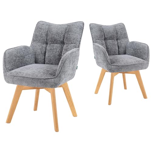 DUBI Möbel Esszimmerstühle 2er Set 360° drehbar mit Taschenfederkern, hoher Sitzkomfort, bis 150 kg belastbar, abriebfester Stoff Grau, Eiche Massivholzgestell geölt (Natur), Mika-Ella von DUBI Möbel